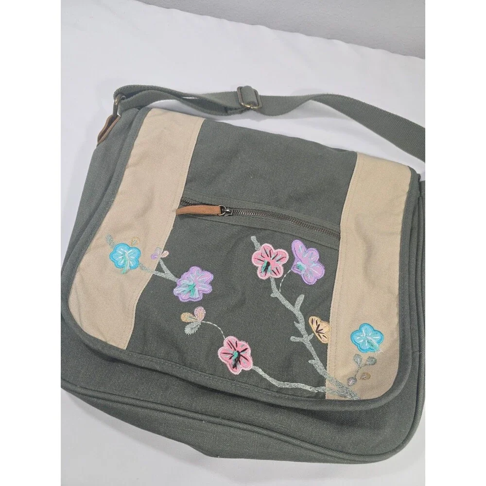 Old Navy Vintage Floral embroidered Messenger Bag Olive Green Crossbody Y2K